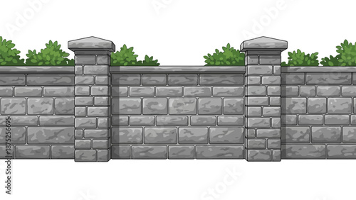 Gray stone wall with pillars and green foliage on top against a white background