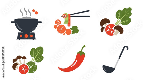 Culinary icons pot vegetables noodles chili ladle for food preparation