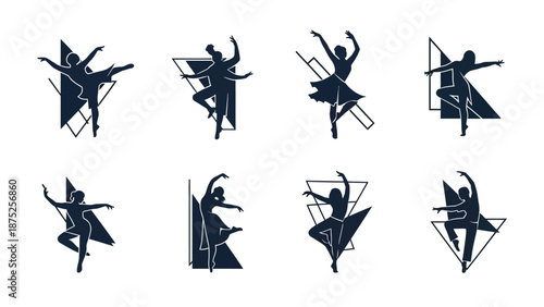 Elegant ballet dancers silhouettes with geometric frame design elements