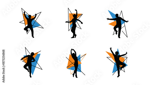 Dynamic silhouettes of people dancing with geometric shapes vector illustration