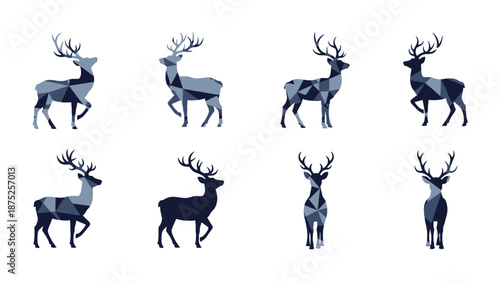 Geometric deer illustrations in various poses against a white background