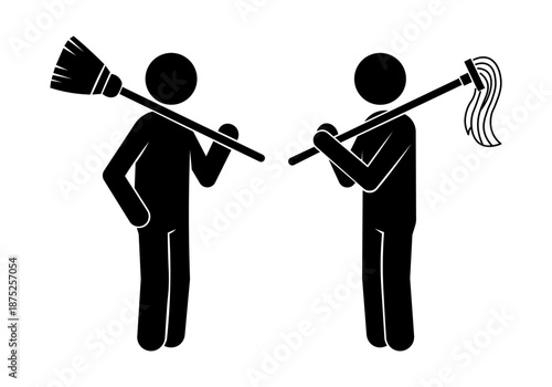 Two Stickmen Cleaning with Broom and Mop, Housekeeping and Cleaning Service Concept Vector Illustration.