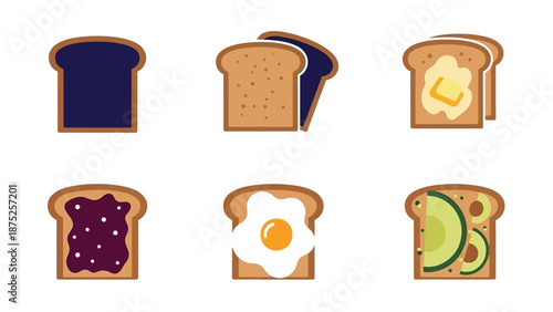 Illustrated toast variety bread slices with toppings in a flat design style