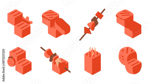 Isometric illustrations of grilled food and skewers isolated on white background