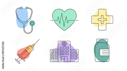 Medical icons set stethoscope heartbeat cross syringe hospital pills