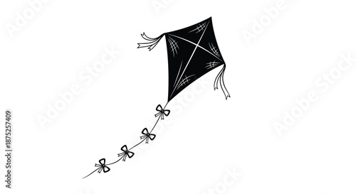 Simple hand drawn illustration of a diamond shaped kite with a long tail and bows flying against a white background.