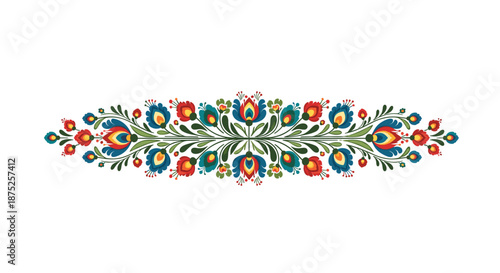 Traditional Polish folk art floral border with colorful symmetrical flowers and leaves in vibrant red blue and green tones.