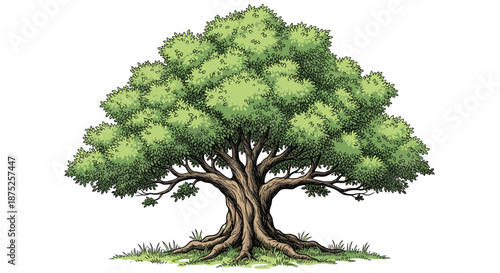 Detailed hand drawn illustration of a large leafy oak tree with strong roots and a wide canopy representing nature growth.