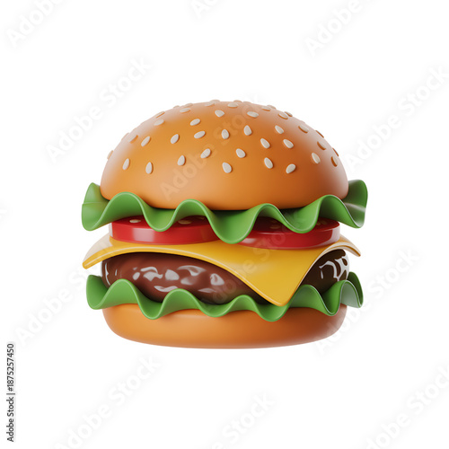 Cheeseburger with Lettuce, Tomato, and Sesame Seed Bun Isolated on White