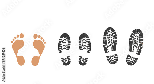 Comparison of human bare footprints and various shoe sole textures showing different tread patterns for forensic study.