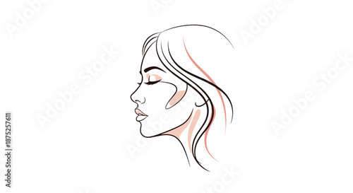 Elegant line art illustration of a womans profile with flowing hair and soft blush accents over a clean white background.