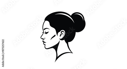 Elegant black silhouette showing the side profile of a woman with her hair tied in a neat bun for beauty and fashion.