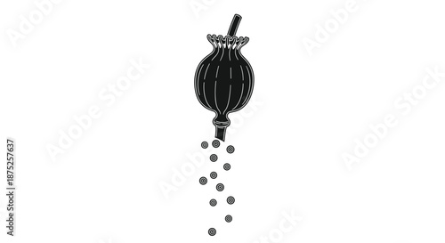 Detailed black silhouette of a poppy seed pod with small seeds falling out from the bottom on a plain white background.