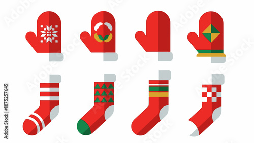 Set of festive red mittens and socks holiday decor vector illustration