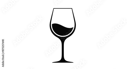 Simple black silhouette of a classic wine glass partially filled with liquid isolated on a clean white background.