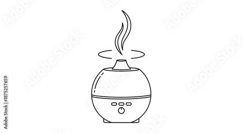 Minimalist line art illustration of an ultrasonic aroma diffuser with steam rising for home fragrance and aromatherapy.