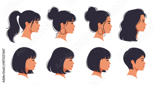 Collection of diverse female hairstyles shown from a side profile perspective including buns, ponytails, and short bobs.