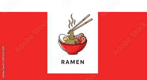 Stylized illustration of a delicious bowl of ramen with noodles, egg, and meat served with chopsticks on a red background.