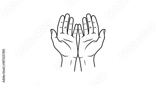 Simple black line drawing of two open human hands held together in a gesture of giving, receiving, or praying on white.