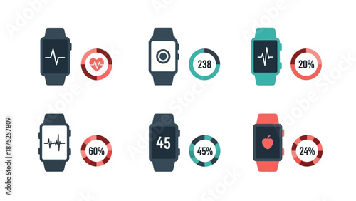 Smartwatch displays with health metrics and progress indicators