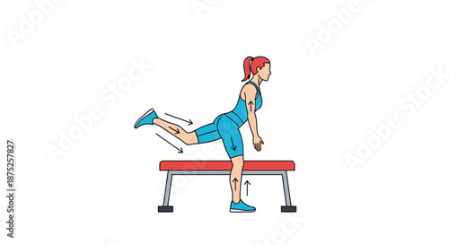 Young woman practicing single leg hip extension exercise on a weight bench to strengthen glutes and hamstrings in a gym setting.