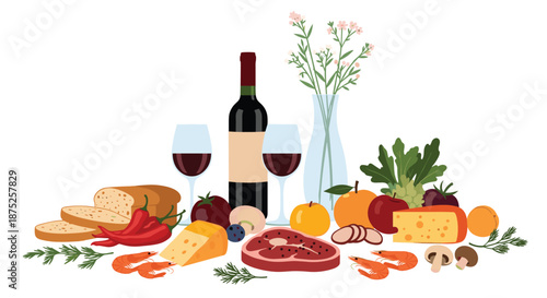 Abundant spread of delicious food and drinks including wine, steak, cheese, bread, seafood, and assorted fruits and vegetables.