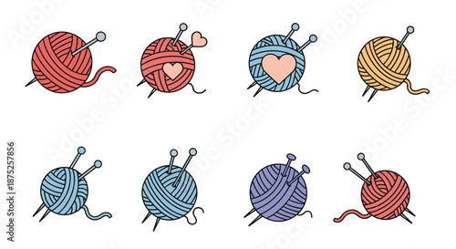 Variety of colorful yarn balls with knitting needles and heart shapes representing handmade crafts, hobbies, and woolen textile work.