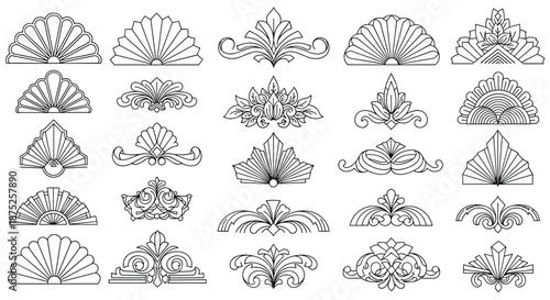 Collection of black and white ornamental dividers and fan shaped decorations inspired by classic architectural and floral design motifs.