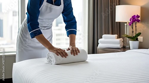 Housekeeper Making Bed in Luxury Hotel Room with White Linens and Purple Orchid Decor