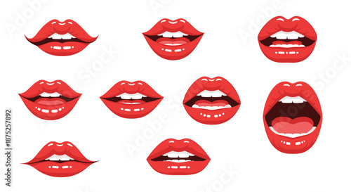 Collection of red lips illustrations showing various facial expressions and mouth shapes including smiling, talking, and singing on white.