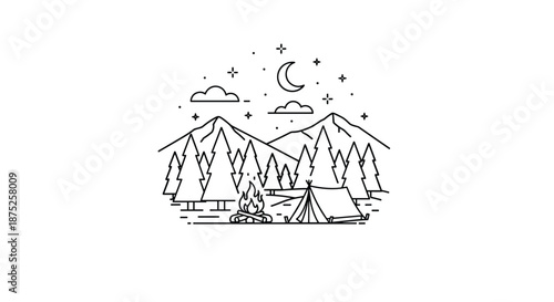 Minimalist line art of a camping scene at night with a tent, campfire, pine trees, and moon under a starry sky for outdoor adventure.