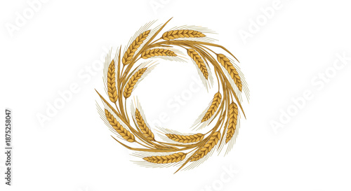 Round wreath made of golden wheat ears representing harvest, agriculture, bread, and autumn season for food and farm related branding.