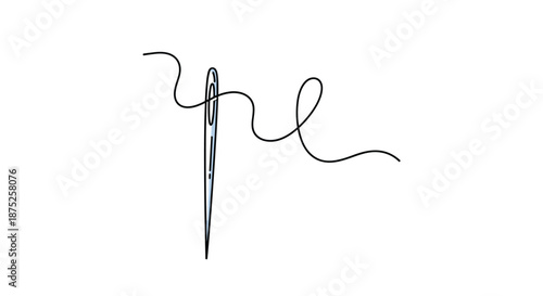 Sewing needle with a black thread passing through the eye shown as a line drawing for tailoring, embroidery, and handicraft concepts.