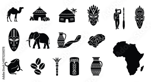 Black silhouette icons of African wildlife, culture, and geography featuring elephant, camel, masks, huts, map, and traditional pottery.