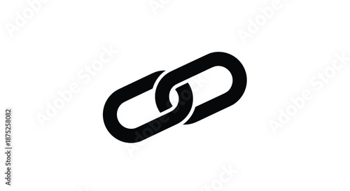 Simple black silhouette of two linked chain pieces used as a symbol for connection, link, security, unity, or digital hyperlinks themes.