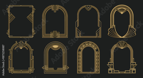 Eight golden art deco frames with geometric linear patterns and vintage ornaments on a dark background for luxury product branding.