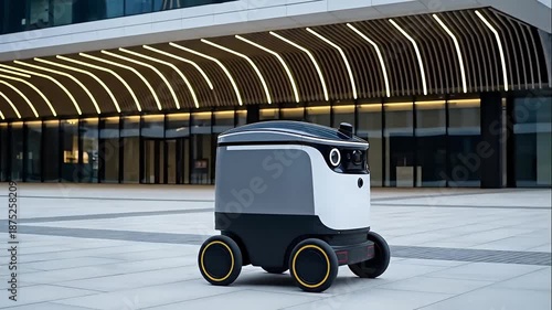 Autonomous Delivery Robot Moving in Modern Urban Plaza with Futuristic Architecture