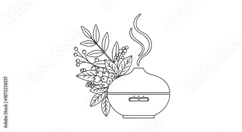 Line drawing of an aroma essential oil diffuser with steam and a decorative berry branch representing relaxation and spa therapy.