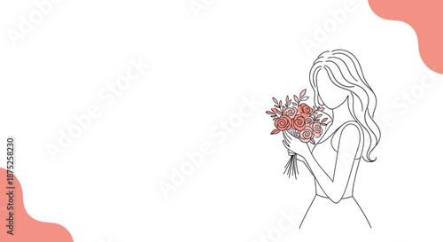 Elegant line art illustration of a faceless woman holding a beautiful bouquet of roses for romance and beauty concepts.