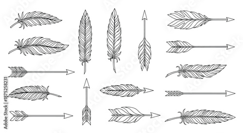 Extensive collection of hand-drawn feathers and tribal arrows in a rustic ink sketch style for creative ethnic-themed designs.