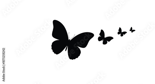 Group of delicate black butterfly silhouettes of varying sizes flying in a line across a clean white background for nature themes.