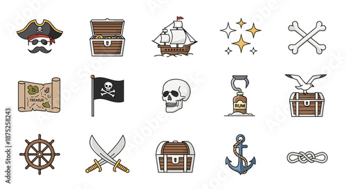 Comprehensive collection of pirate icons including a ship, treasure chests, skull and crossbones, maps, and maritime weapons.