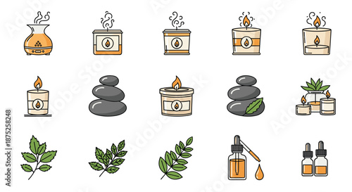 Relaxing set of spa icons including scented candles, massage stones, essential oils, and herbal leaves for wellness branding.