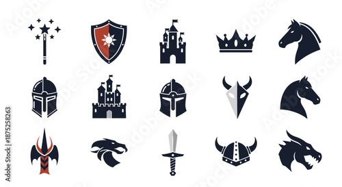 Epic set of medieval fantasy icons featuring knights' helmets, shields, swords, castles, dragons, and magical items for games.