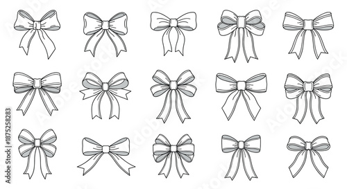 Elegant set of hand-drawn decorative bows in various styles and sizes for gift wrapping, crafts, and festive celebrations.