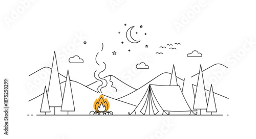 Tranquil night camping landscape in a line art style featuring a tent, campfire, mountains, and a crescent moon with stars.