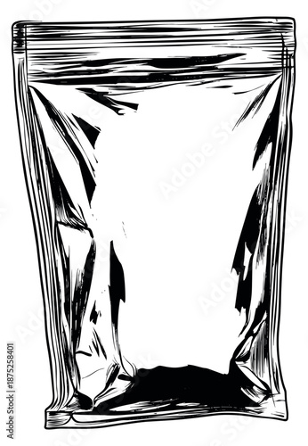 Hand drawn line art illustration of a stand up pouch depicting a blank resealable bag for product packaging