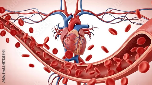 Human Heart with Arteries and Cells Flowing in a Large Vessel Medical Animation