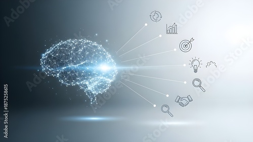 Artificial Intelligence Digital Brain with Data Icons – Future Technology Concept