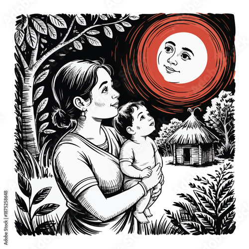 Mother holding baby looking at a smiling sun in a forest clearing child carrying